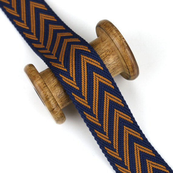 1 Meter Gurtband - 38mm - Zickzack-Streifen - Stahlblau/Beigebraun