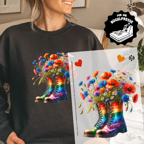Onkel Bo's Bügelbilder - DIN A4 - Gummistiefel - Regenbogen - Blumen