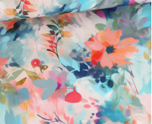 Jersey - Painted Flowers - Petrol/Erdbeerrot - Beigerosa Pastell