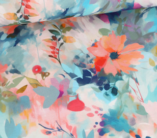 Jersey - Painted Flowers - Petrol/Erdbeerrot - Beigerosa Pastell