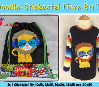 Doodle-Motiv Löwe Brille - Stickdatei-Set für den 10x10cm bis 20x30cm Rahmen