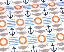 Bio Jersey - Organic Cotton - Island Breeze - Fische & Anker - Weiß/Stahlblau/Orange