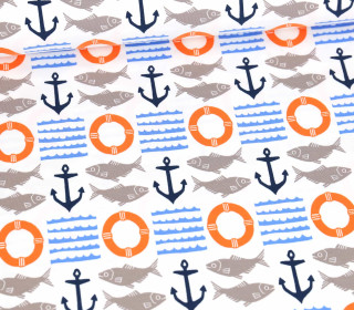 Bio Jersey - Organic Cotton - Island Breeze - Fische & Anker - Weiß/Stahlblau/Orange