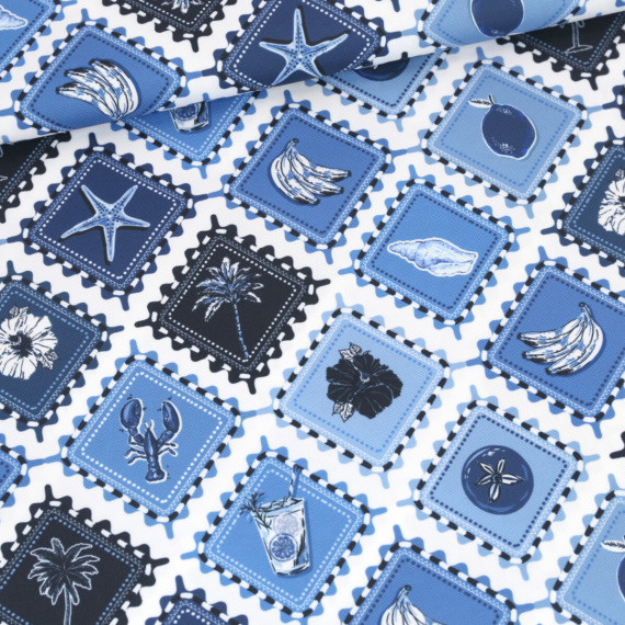 Outdoorstoff - Island Breeze - Blue Stamps - Weiß - abby and amy