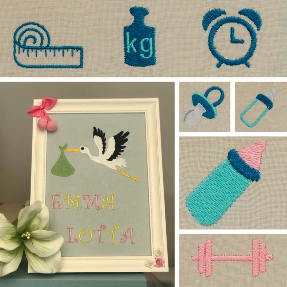 Babysymbole Stickdatei Set mit Gewicht, Uhr, Maßband, Hantel, Schnuller, Storch und Trinkflasche