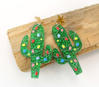 1 Paar Ohrringe - Acryl - Kaktus - Weihnachten - Glitzer - 2-teilig - super leicht - Grün/Gold - Namensklang