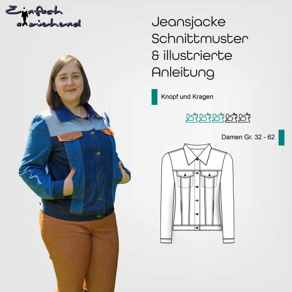 Jeansjacke Knopf und Kragen Gr. 32 - 62 Damen