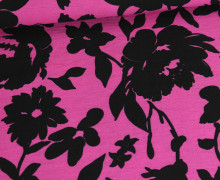 Viskose - Blusenstoff - Krepp - Feine Kreppstruktur - Schwarze Blumen - Fuchsia