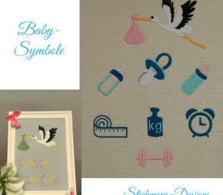 Babysymbole Stickdatei Set mit Gewicht, Uhr, Maßband, Hantel, Schnuller, Storch und Trinkflasche