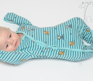 Baby Strampler mit durchgehender Knopfleiste und Ärmel-Beinumschlag, Größen 50-104 Schnittmuster ebook DAVID von Patternforkids