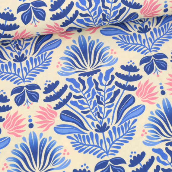 Bio-Musselin - Double Gauze - Southern Ease - Sunlit Botanica - Ecru/Blau - Hamburger Liebe