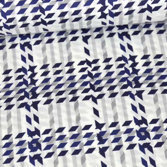 Viskose - Blusenstoff  - Rautenmuster - Weiß/Grau/Blau