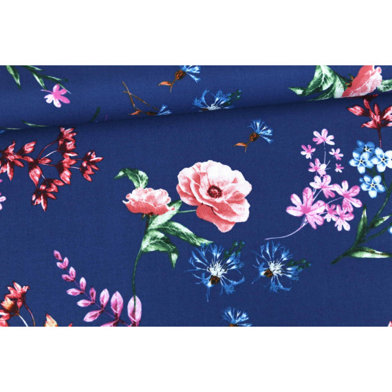 Stoff Rosen Blumen Blooms Ring A Roses Dunkelblau