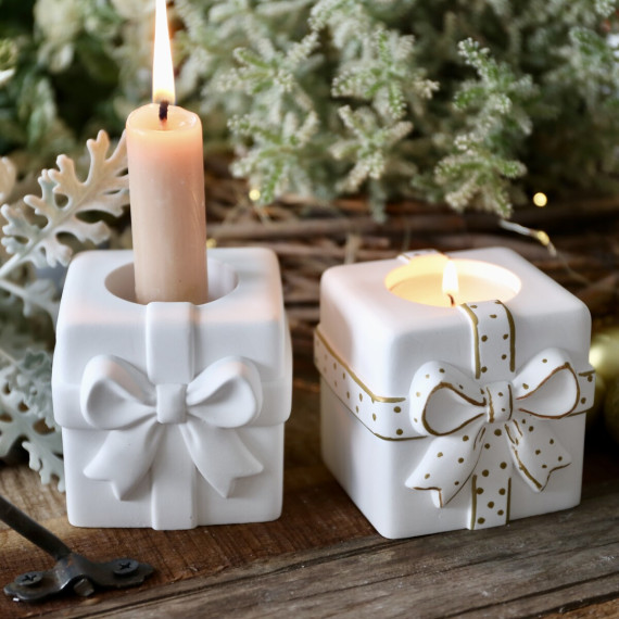 Silikon - Gießform - Geschenk mit Schleife - 2in1 Kerzenhalter - Teelicht und Stabkerze - Adventsdeko - Weihnachtsdeko - vielfältig nutzbar
