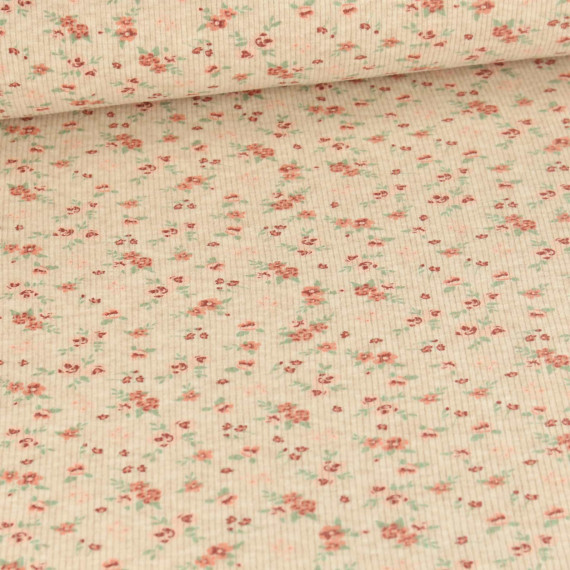 Strick Jersey - Schmale Rippen - Kleine Blüten - Melange - Sand/Altrot