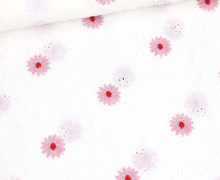 Baumwolle - Webware - Blumen Lochstickerei - Rosa Blüten Aufgestickt - Weiß
