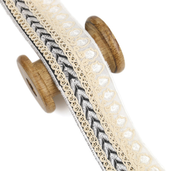 1 Meter Zierband - Borte - Stickerei -  Pailletten - 50mm - Weiß/Beige/Schwarz