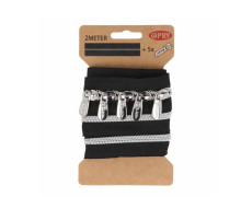 2m Endlosreißverschluss + 5 Zipper - Metallic - Schwarz/Silber