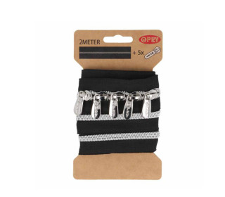 2m Endlosreißverschluss + 5 Zipper - Metallic - Schwarz/Silber