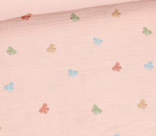 Musselin - Muslin - Double Gauze - Bestickt - Bunte Schleifen - Beigerosa