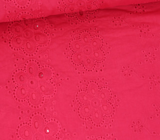 Baumwolle - Webware - Blüten Lochstickerei - Bogenkante - Uni - Fuchsia