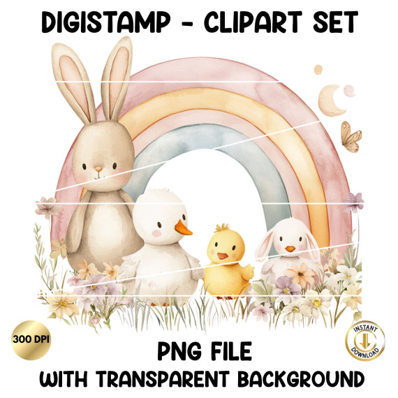 Digistamp Hase Ostern, Clipart Hase, Plotterdatei Ostern, Cricut, Osterhase, PNG Frühling, Digi stamp Regenbogen, Sublimation Cliparts Tiere
