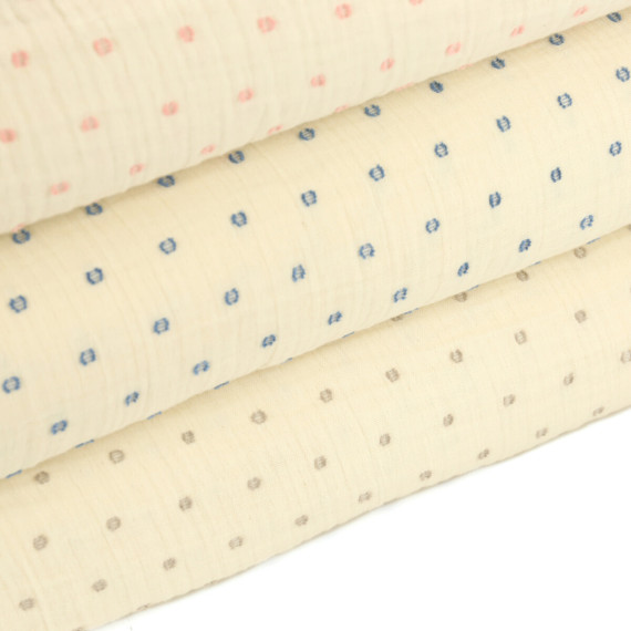 Musselin - Muslin - Double Gauze - Bestickt - Kleine Quadrate - Ecru/Grau