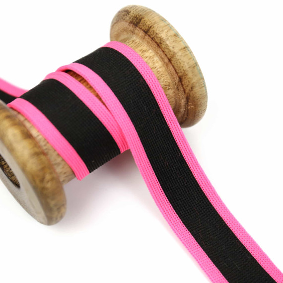 1 Meter Zierband - Dekoband - 25mm - Streifen - Neon - Schwarz/Pink