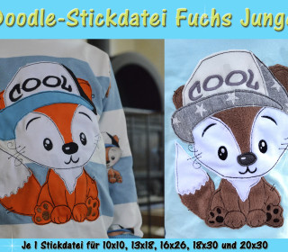 Doodle-Motiv Fuchs Junge - Stickdatei-Set für den 10x10cm bis 20x30cm Rahmen