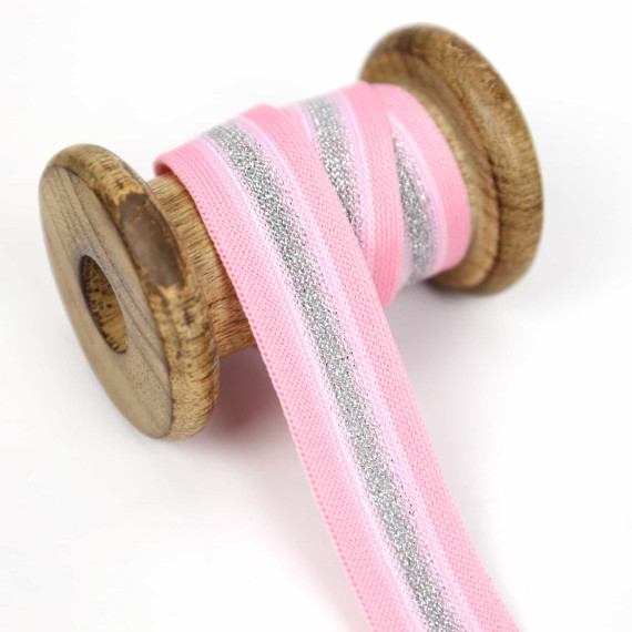 1 Meter Zierband - Dekoband - 25mm - Silberstreifen - Glitzer - Rosa