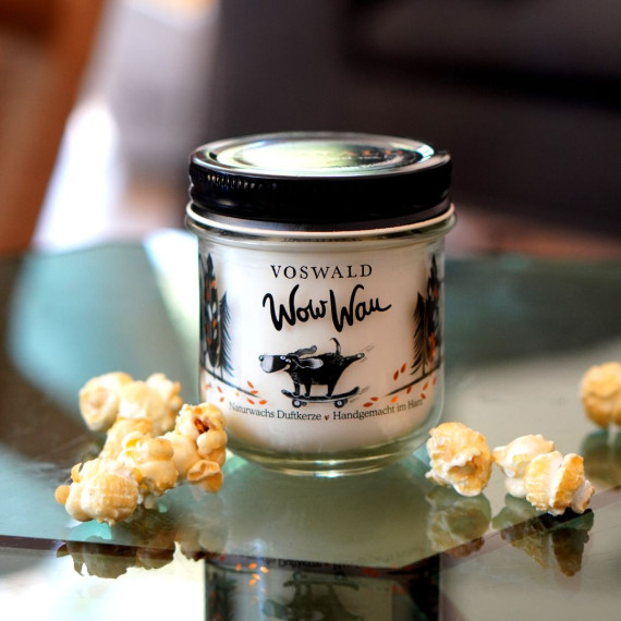 Voswald Duftkerze - Wau Wow - mit süßem Popcorn- und Mandelduft - handgemacht aus 100% Naturwachs