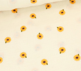 Musselin - Muslin - Double Gauze - Bestickt - Bunte Blumen - Ecru