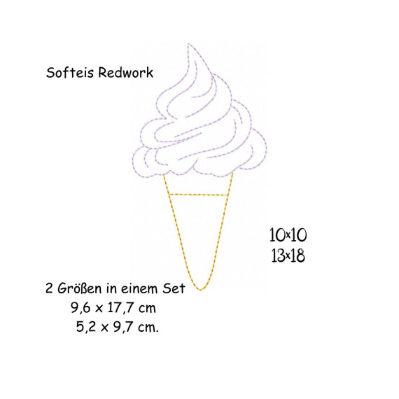 Stickdatei Softeis Redwork 10x10 13x18 Applikation Sommer sticken Sommerzeit