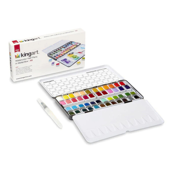 Aquarellfarben Set - Watercolor - Metallbox - 1 Wasserbürstenstift - kingart PRO - 48 Farben