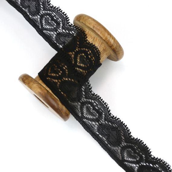 1m Elastische Spitze - Herzen - 23mm - Schwarz