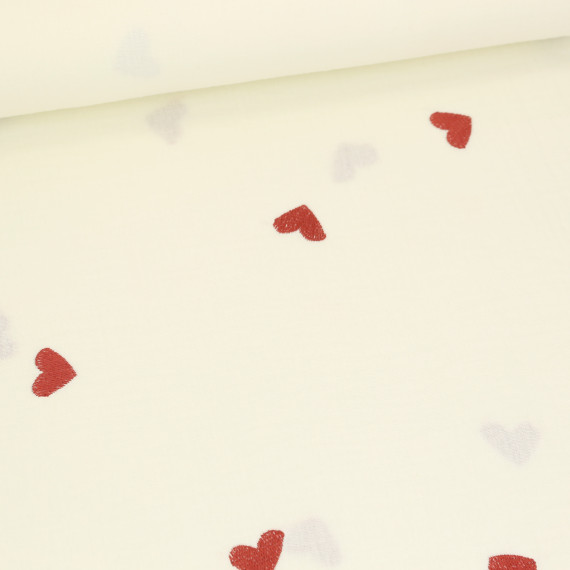 Musselin - Muslin - Double Gauze - Bestickt - Rote Herzen - Ecru