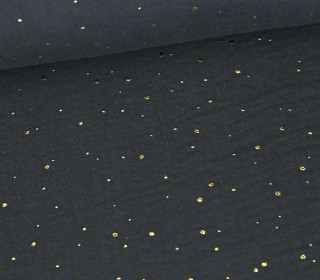 Musselin - Muslin - Double Gauze - 3D - Goldpunkte - Glänzend - Dunkelgrau