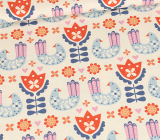 Jersey - Folksy Flowers - Birds - Creme - Bio-Qualität - Kathi Bondzio - abby and me