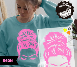 Onkel Bo's Neon Bügelbilder - DIN A4 - Messy Bun - Pink - BIG