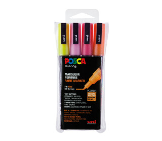 4 Acryl-Farbmarker - PC-3M - Rundspitze 0,9-1,3mm - Fein - Glitter - Auf Wasserbasis - POSCA - Gelb/Orange/Rot/Rosa