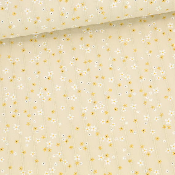 Baumwolle - Webware - Voile - Flower - Eingewebte Streifen - Beige