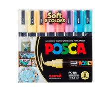 8 Acryl-Farbmarker - PC-5M - Rundspitze 1,8-2,5mm - Medium - Pastell - Auf Wasserbasis - POSCA - Weiß/Lichtgelb/Apricot/Hellrosa/Korallenrosa/Lavendel/Hellblau/Aquagrün