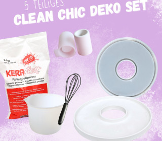 5 teiliges Clean Chic Set – Silikonformen Dekoteller-Ring und Kerzenhalter / Mixbecher / Schneebesen / 5kg Keraflott Gießpulver