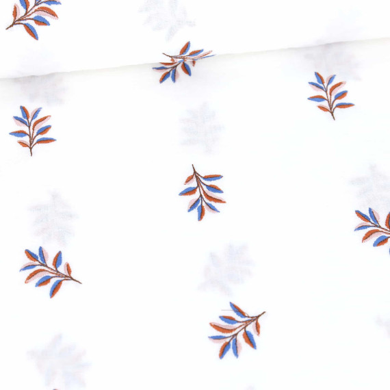 Musselin - Muslin - Double Gauze - Bestickt - Mehrfarbige Blätterzweige - Weiß