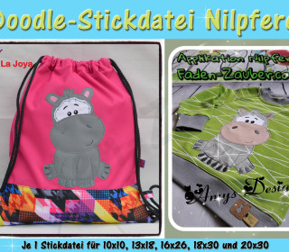 Doodle-Motiv Nilpferd - Stickdatei-Set für den 10x10cm bis 20x30cm Rahmen