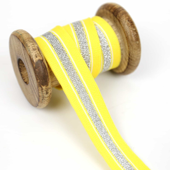 1 Meter Zierband - Dekoband - 25mm - Silberstreifen - Glitzer - Hellgelb