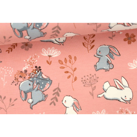 Jersey - Sweet Animals - Hasen - Blümchen - Blätter - Rosa