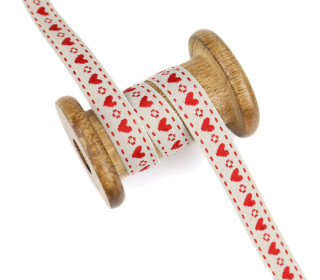 1m Webband - bestickt - Herzen - 15mm - Taupe Hell/Rot
