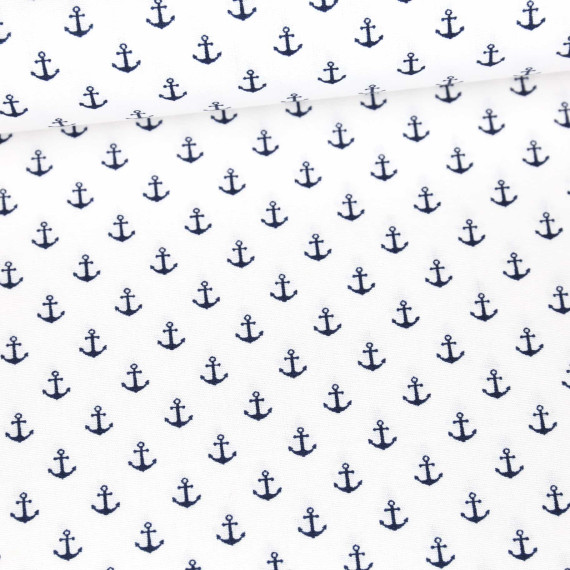Baumwolle - Webware - Popelin - Petit Anchor - Anker - Poppy - Weiß/Stahlblau