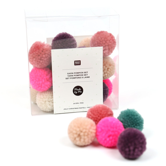 Pompon Set - Bommel - 24 Stück - Jolly Christmas Pastell - Creme/ Altrosa/Lila/Grün/Neonpink